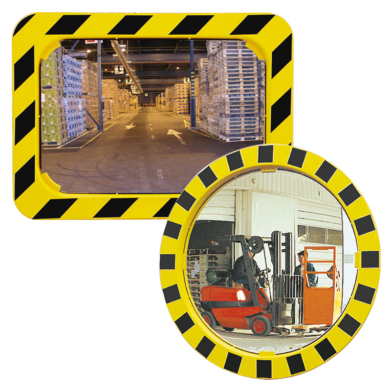 Miroirs industriels avec cadre jaune et noir format rectangulaire ou arrondi