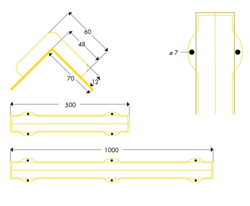Dimensions butoir de sécurité vissé avec couleurs protection d'angle droit type H+